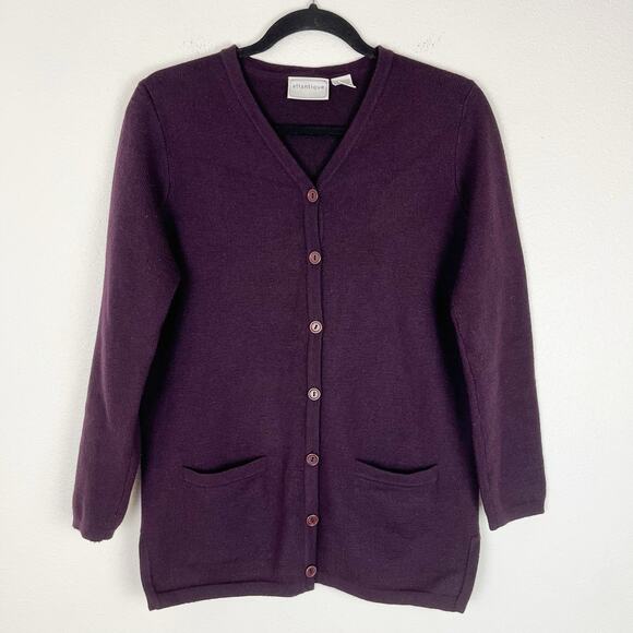 Merino Wool Cardigan Sweater Atlantique Button Down V-Neck Plum Purple Medium - Picture 2 of 8